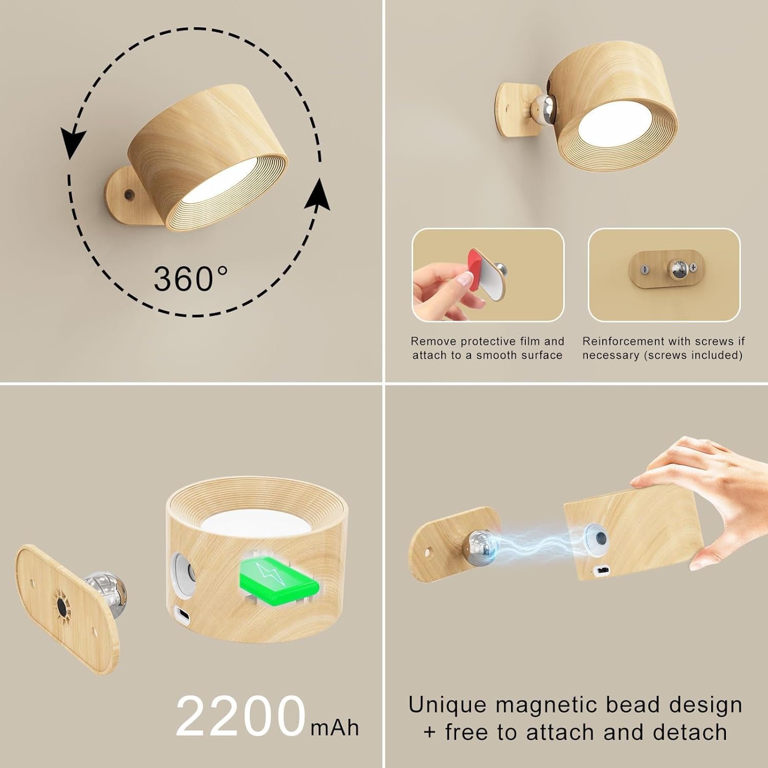 2PACK LED Wall Lamps with Rechargeable Battery Operated, Wall Mounted Lights with 3 Brightness 3 Color Temp Removable Charging 360Â°Rotate Magnetic, Cordless Wall Sconces for Reading Bedside