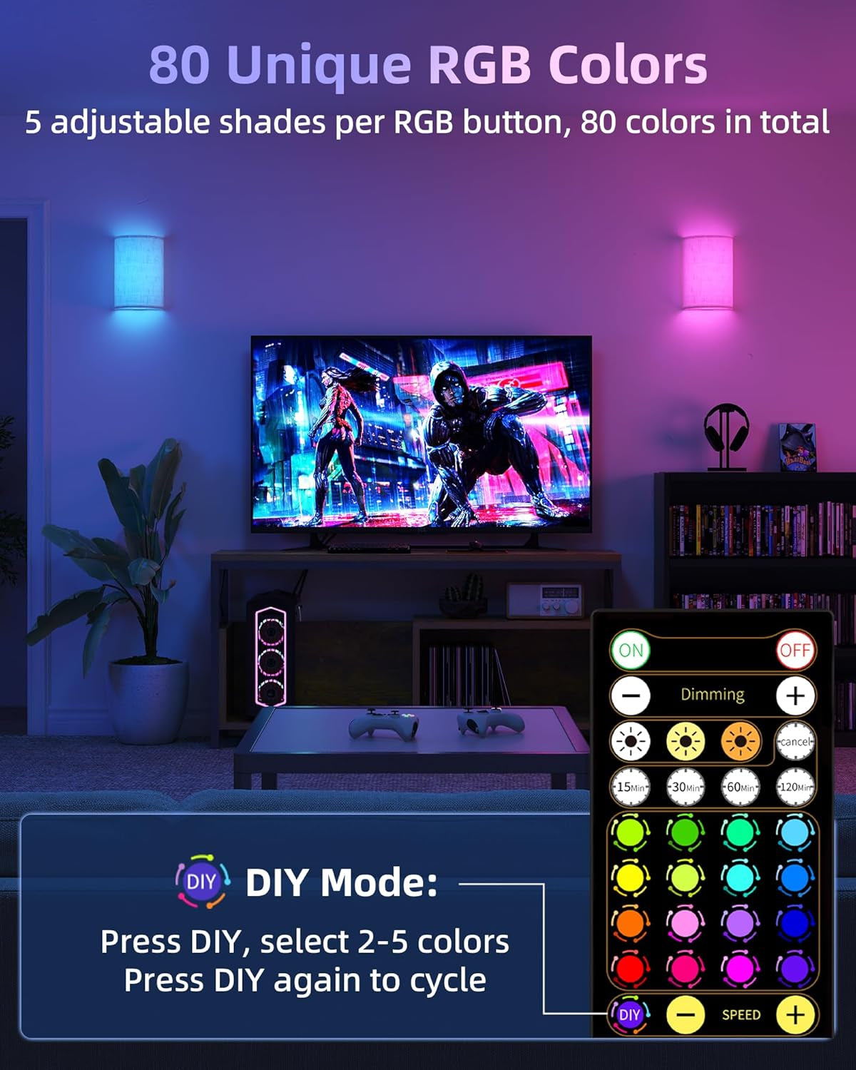 Battery Operated Wall Sconce, Rechargeable Wall Sconces Set of Two with Remote, 3 Color & 80 RGB Wireless Wall Mount Light, Dimmable, Timer, Peel and Stick, Fabric Linen Wall Lights for Bedroom