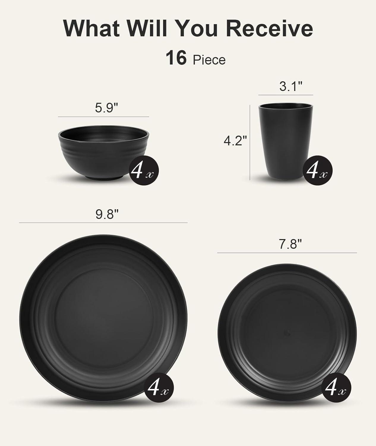 16 Piece Plates and Bowls Sets for 4, Unbreakable Dinnerware Sets, Dish Set for Camping, Dishwasher Microwave Safe, Outdoor Kitchen and Apartment Dinning RV Essentials, Black