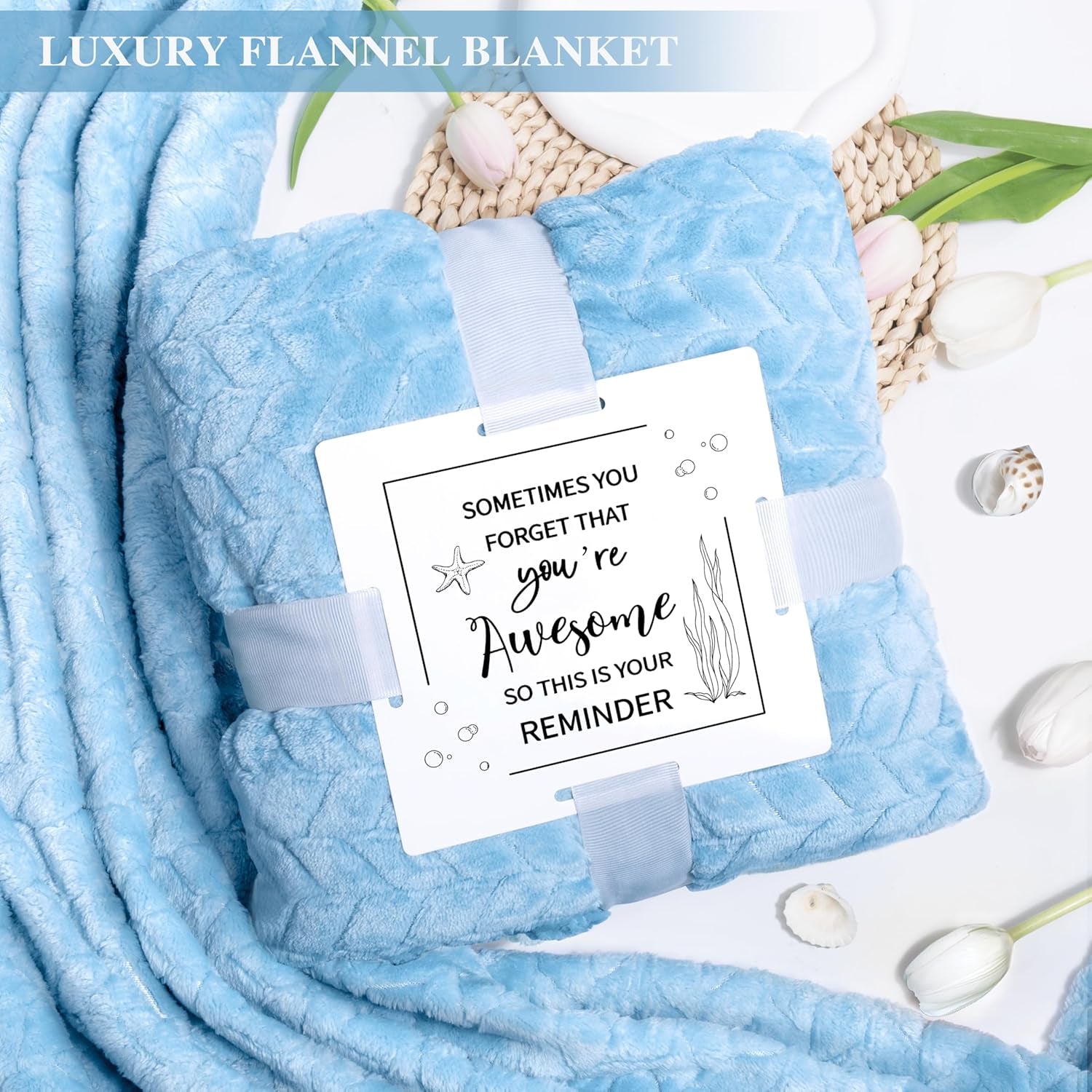 Birthday Gifts for Women, Self Care Get Well Soon Gifts, Ocean Relaxing Spa Gift Basket W/ Luxury Flannel Blanket & 40 Oz Tumbler, Thinking of You Gifts, Christmas Gift for Mom Wife Sister Friend