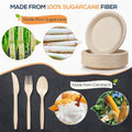 250Pcs Disposable Paper Plates Set, Compostable Plate Sugarcane Utensils Eco Friendly Dinnerware Kit Includes 50 Biodegradable Plates, Forks, Knives and Spoons for Brithday Party Camping
