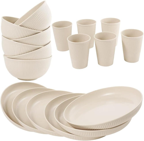 36-Piece Reusable Wheat Straw Dinnerware Sets for 6,  Unbreakable Reusable Set Kitchen Cups, Plates, Bowls Sets & Cultery Dishwasher Microwave Safe - Patio, Outdoors, RV, Camping Dishes