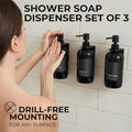 Stylish Shampoo and Conditioner Dispenser Set of 3 for Wall Mount - Modern Drill Free 21Oz Shower Soap Bottles with Labels - Easy Refill Body Wash Dispensers for an Instant Bathroom Decor Upgrade