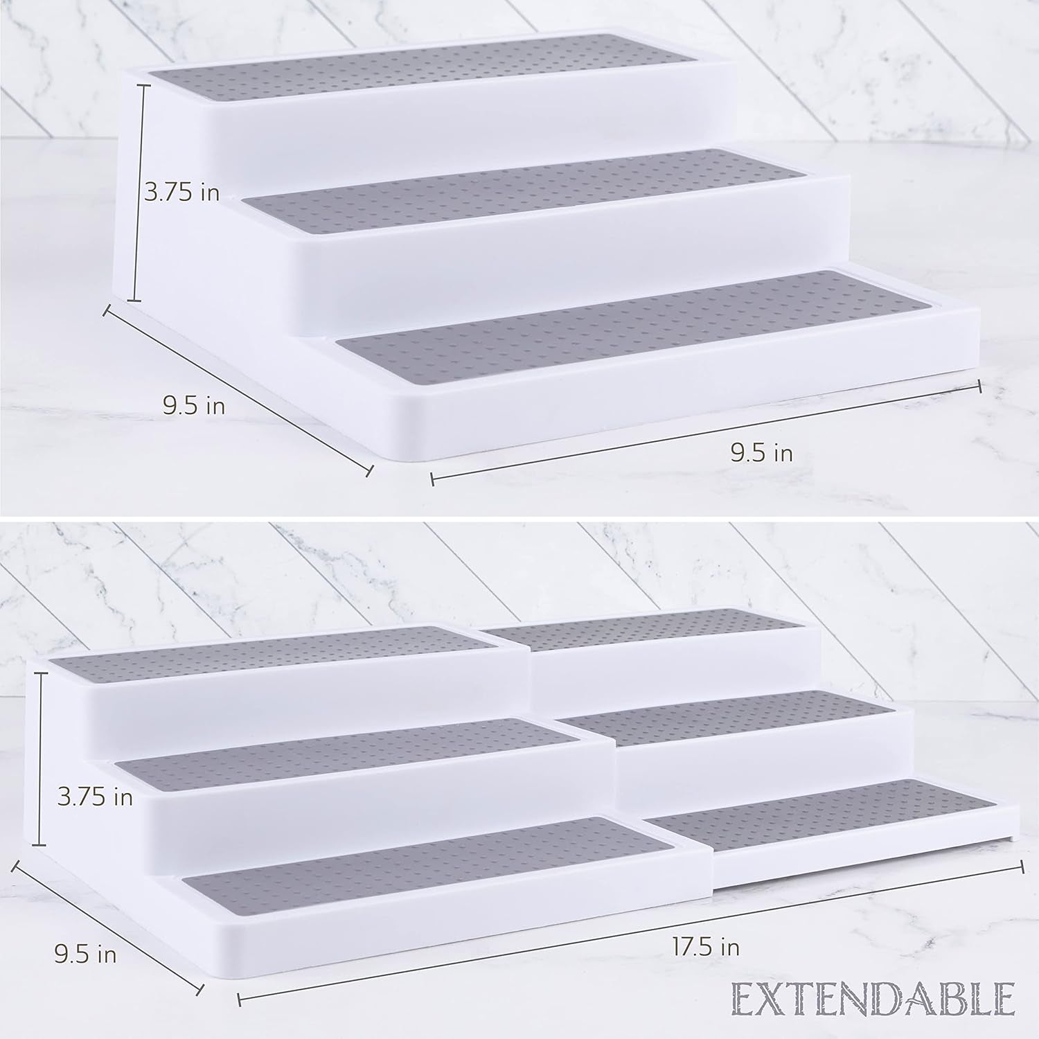 3â€“Tier Expandable Plastic Spice Rack - Adjustable Length, Stability with Non-Skid Shelf, Three Tiers for Easy Visibility, Organizer for Kitchen Cabinet, Pantry or Countertop, White/Grey