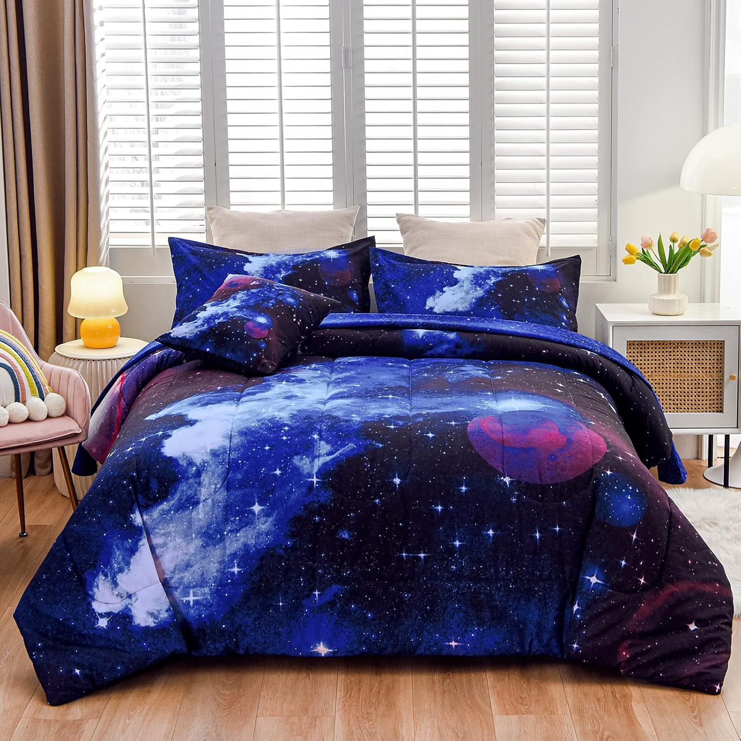 Galaxy 6Pcs Bedding Sets Outer Space Comforter Bed in a Bag 3D Printed Quilt,For Children Boy Girl Teen Kids,Full 6Pcs