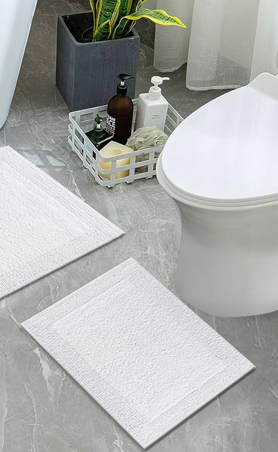 Reversible White Cotton Bath Mat Rug â€“ 17X24, Water Absorbent, Machine Washable Bathroom Rug Mat for outside Bathtub