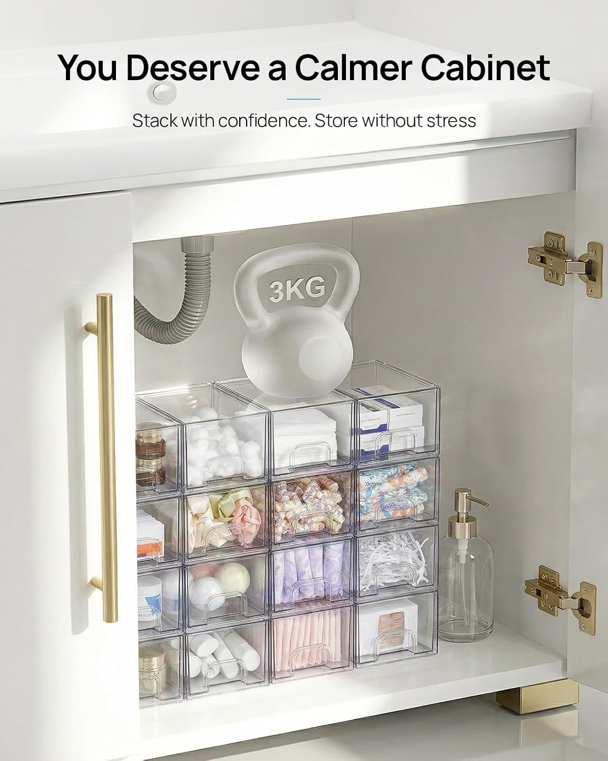 4 Pack Small Clear Stackable Storage Drawers,Acrylic Bathroom Makeup Organizer,Plastic Storage Bins for Vanity, Undersink, Kitchen Cabinets, Pantry, Home Organization