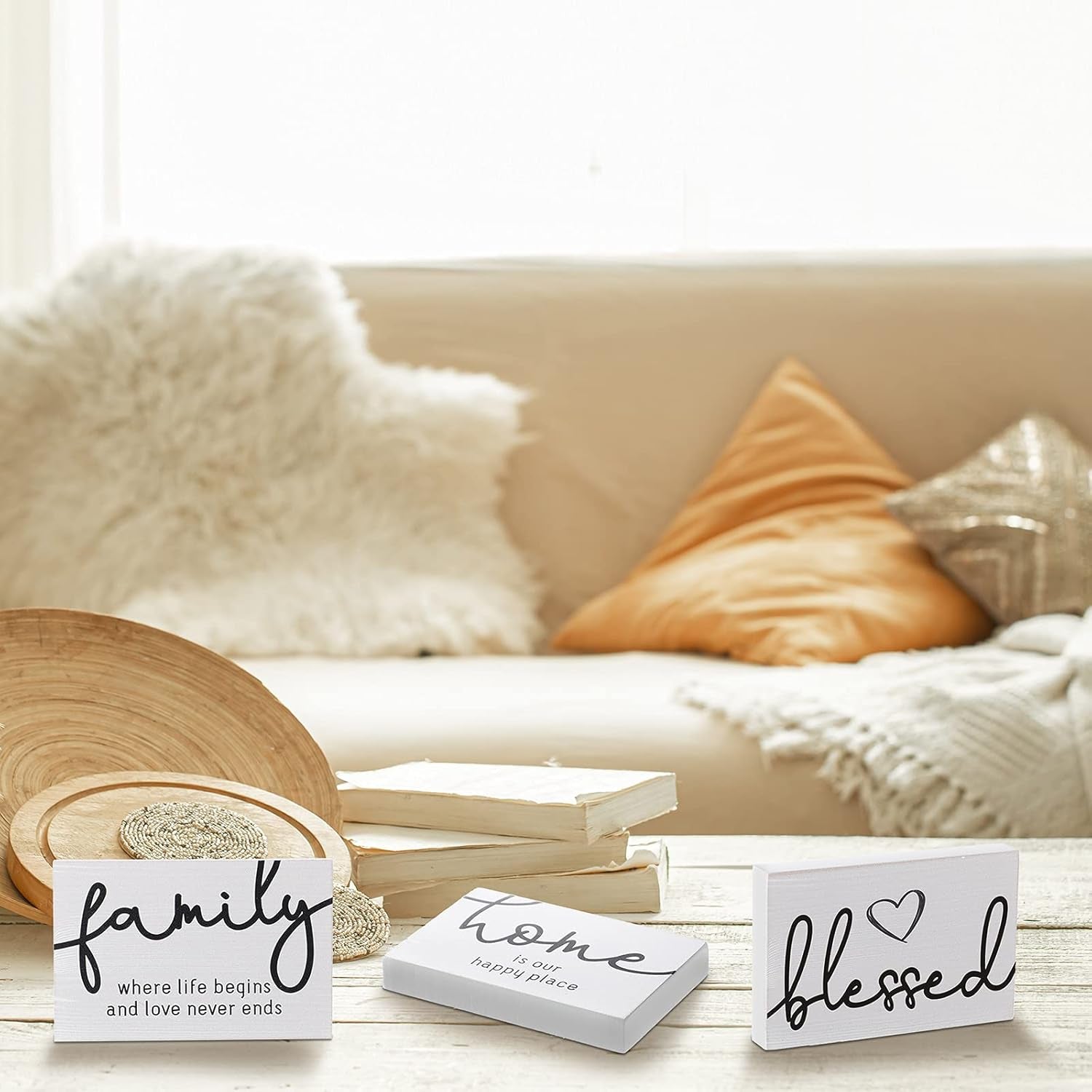 3 Pcs Family Home Blessed Rustic Wood Sign Mini Wood Decorative Farmhouse Woodworks Table Shelves Decorations Sign for Bedroom Kitchen Living Room Table Decor(White,4.25 X 2.76 X 0.59 In)