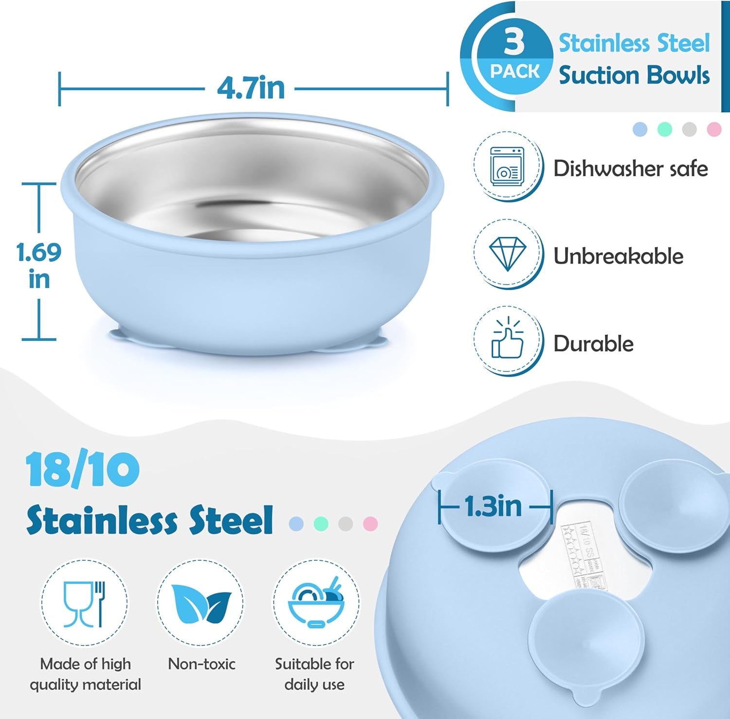 Baby Bowls with Suction, Stainless Steel Toddler Bowl with Removable Silicone Sleeve, Non-Slip Child Food Bowl with Silicone Suction, Unbreakable Kids Bowls for Feeding, Blue+Green+Grey, 3 Pack