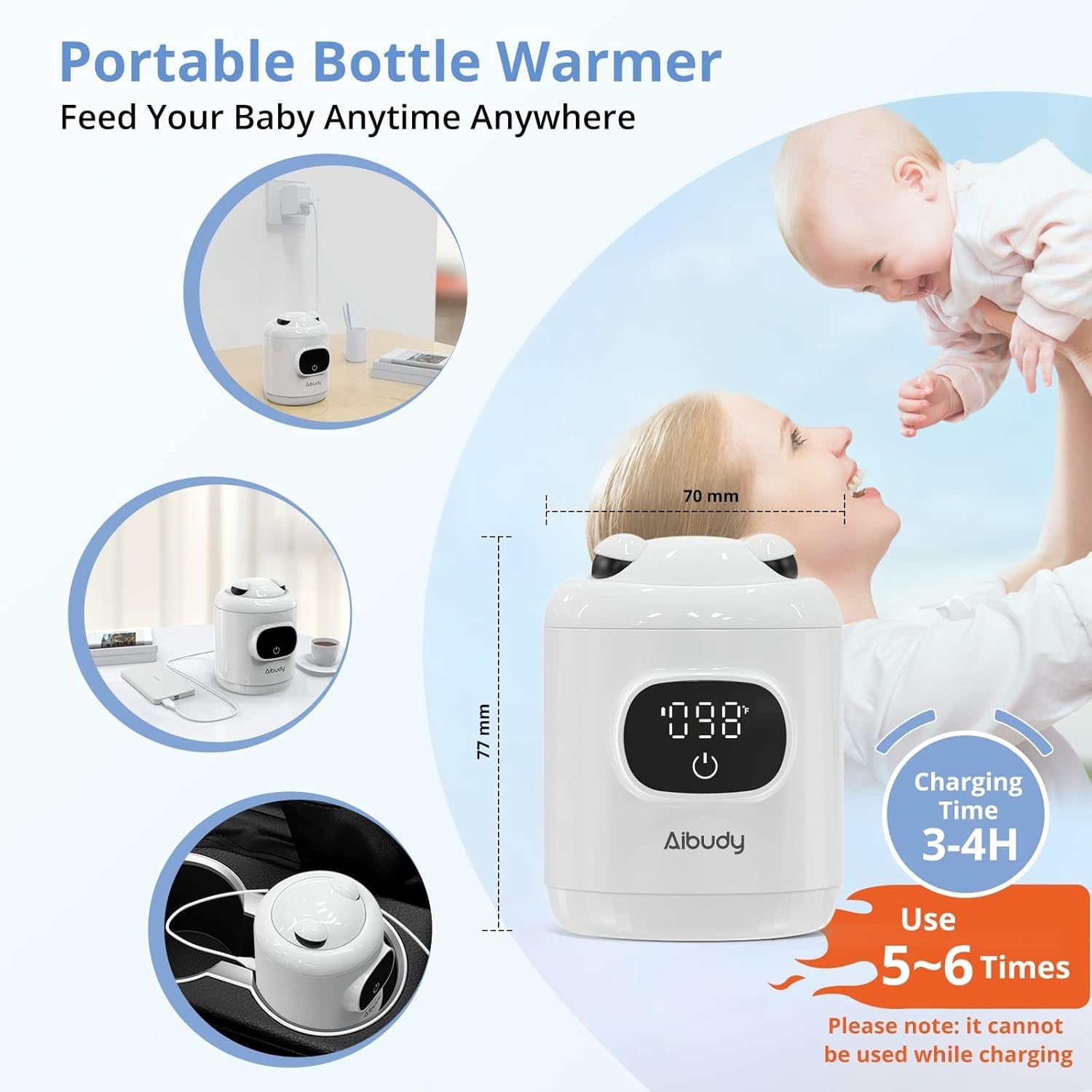 Bottle Warmer, Fast Heating Portable Bottle Warmer with 2 Adapters, Smart Temperature Control, LCD Display, Leak-Proof, Cordless Baby Bottle Warmer for Breastmilk or Formula