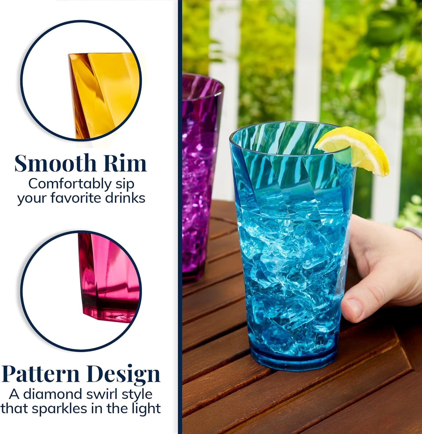 Optix Plastic Reusable Drinking Glasses (Set of 8) 20Oz Water Cups in Jewel Tone Colors | Bpa-Free Tumblers, Made in USA | Top-Rack Dishwasher Safe