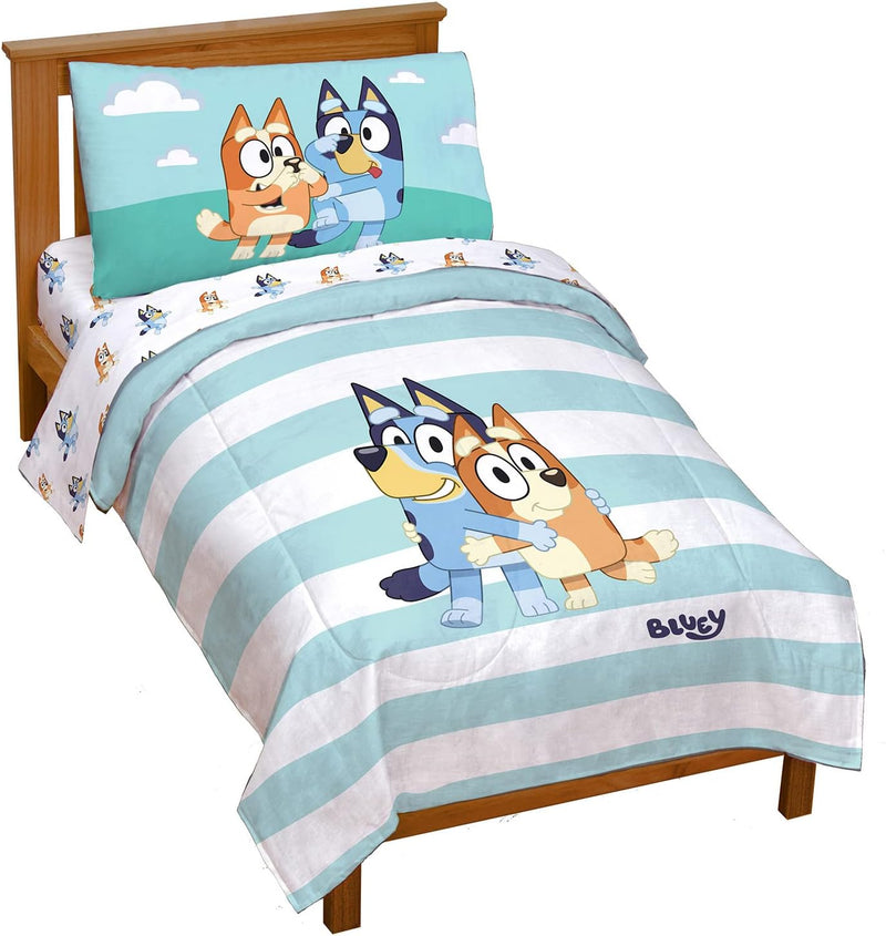 Bluey & Bingo 4 Piece Toddler Bedding Set – Includes Comforter, Sheets & Pillowcase, Super Soft Fade Resistant Microfiber, Official Licensed Toddler Bed Set for Boys and Girls, Blue