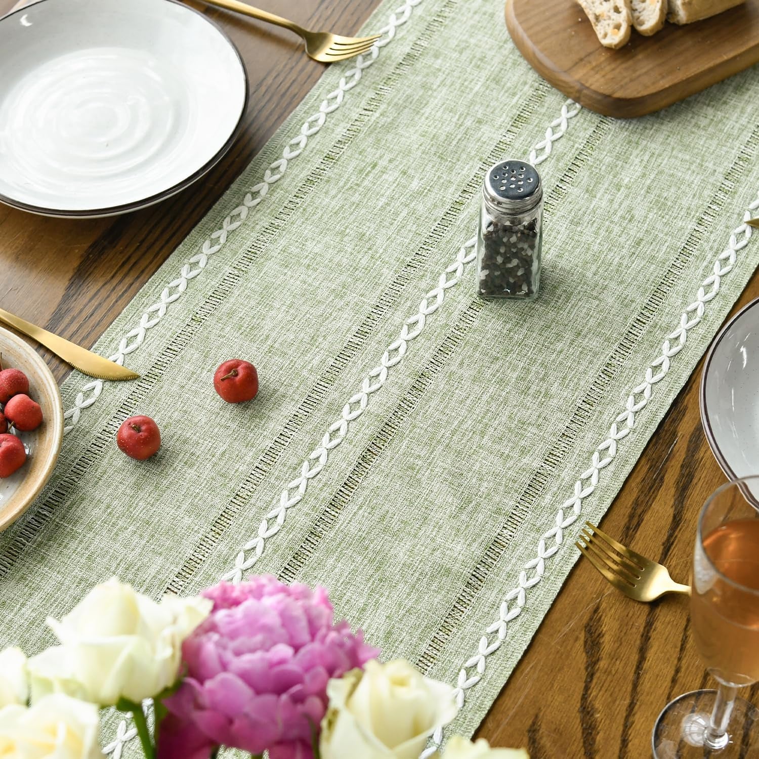 Sage Green Rustic Cotton Linen Table Runner, Seasonal Embroidered Hollow Kitchen Dining Table Decoration for Home Party Decor 13X72 Inch
