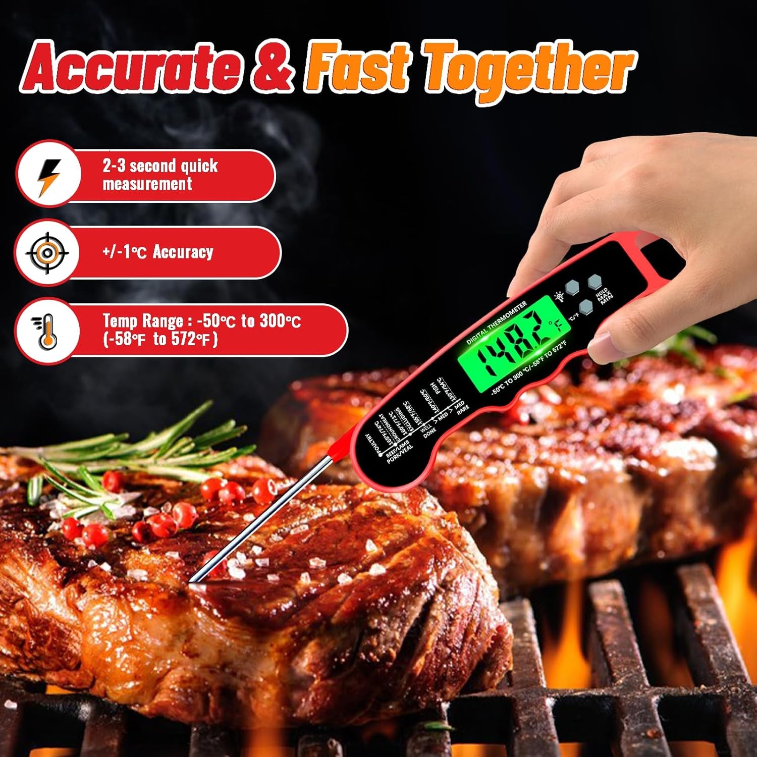 Meat Thermometer Digital, Instant Read Meat Thermometer with Backlight & Magnet for Kitchen, Beef, Grill, Turkey,Ip67 Waterproof Cooking Thermometer