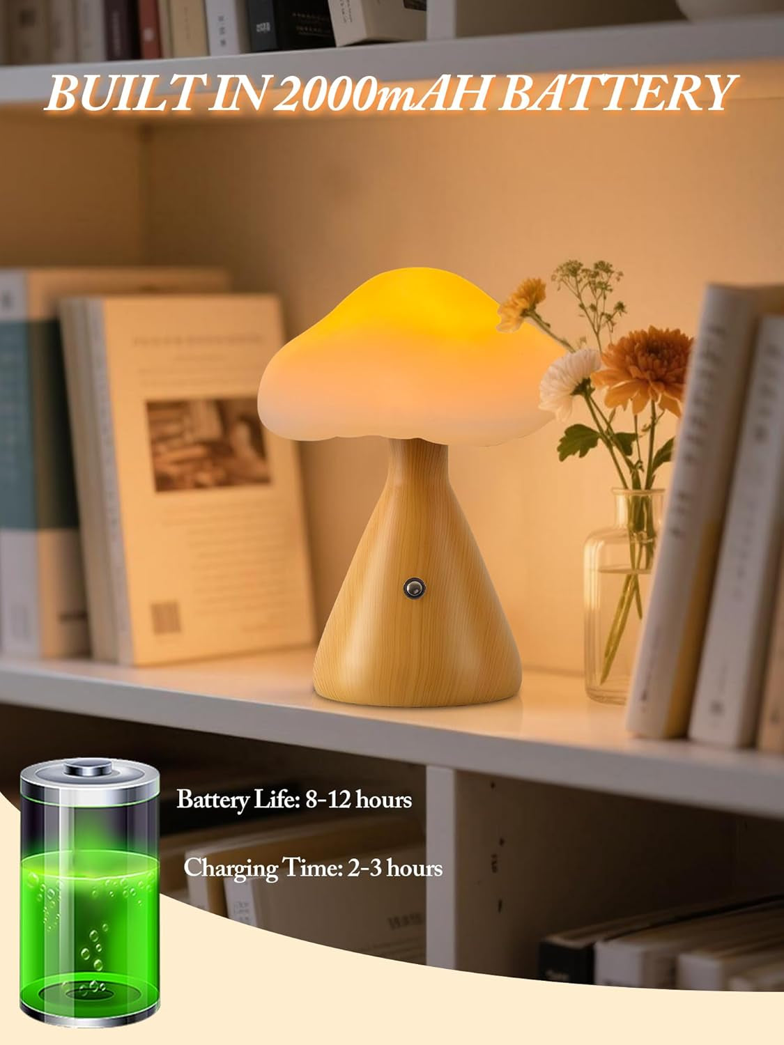 Cordless Table Lamp,Mushroom Lamp with 3 Colors,Rechargeable LED Reading Light,Touch Lamps for Nightstand,Aesthetic Lamp for Dorm Bedroom Living Room Home Decor