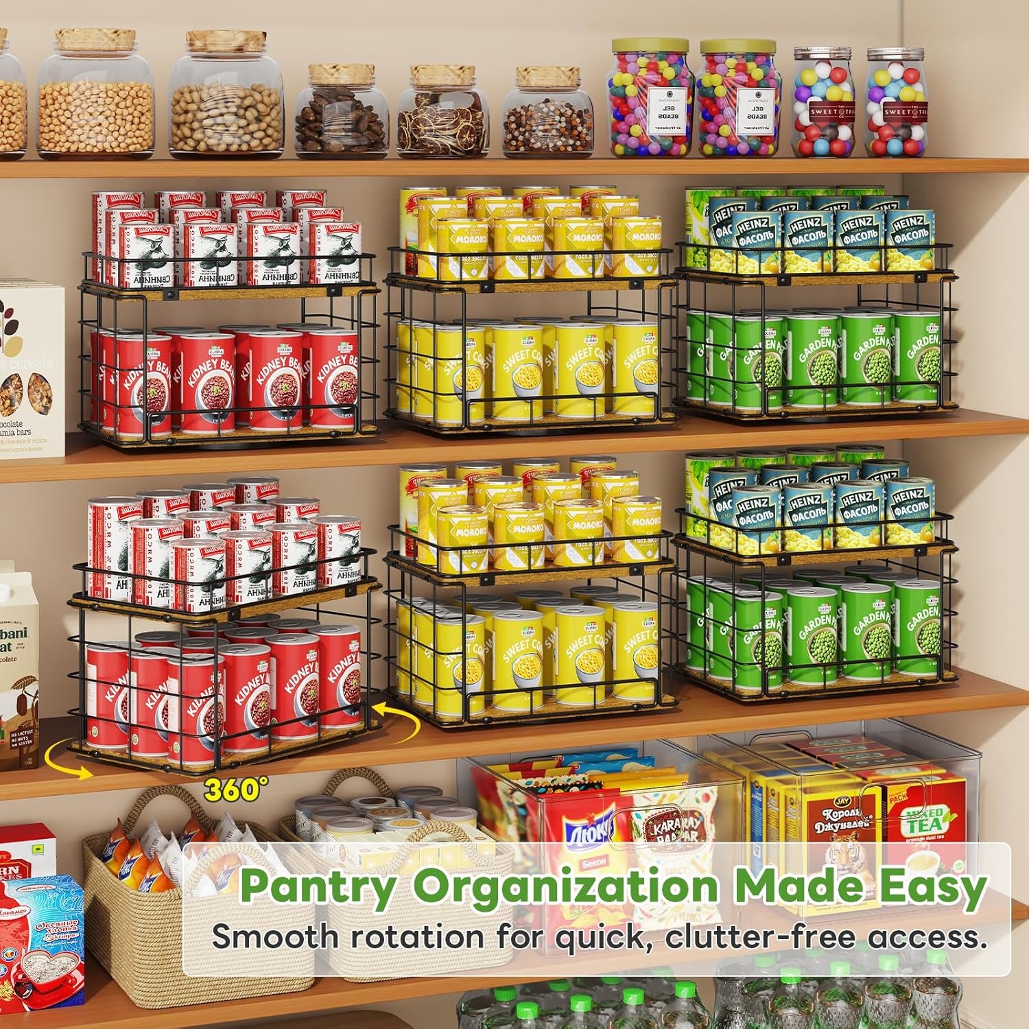 360Â° Rotating Can Rack Organizer for Pantry, 2-Tier Lazy Susan Can Organizer Holds up to 26 Soda Cans, Metal Wire & Wood Shelf with Turntable Storage for Kitchen Cabinet, Pantry & Countertop