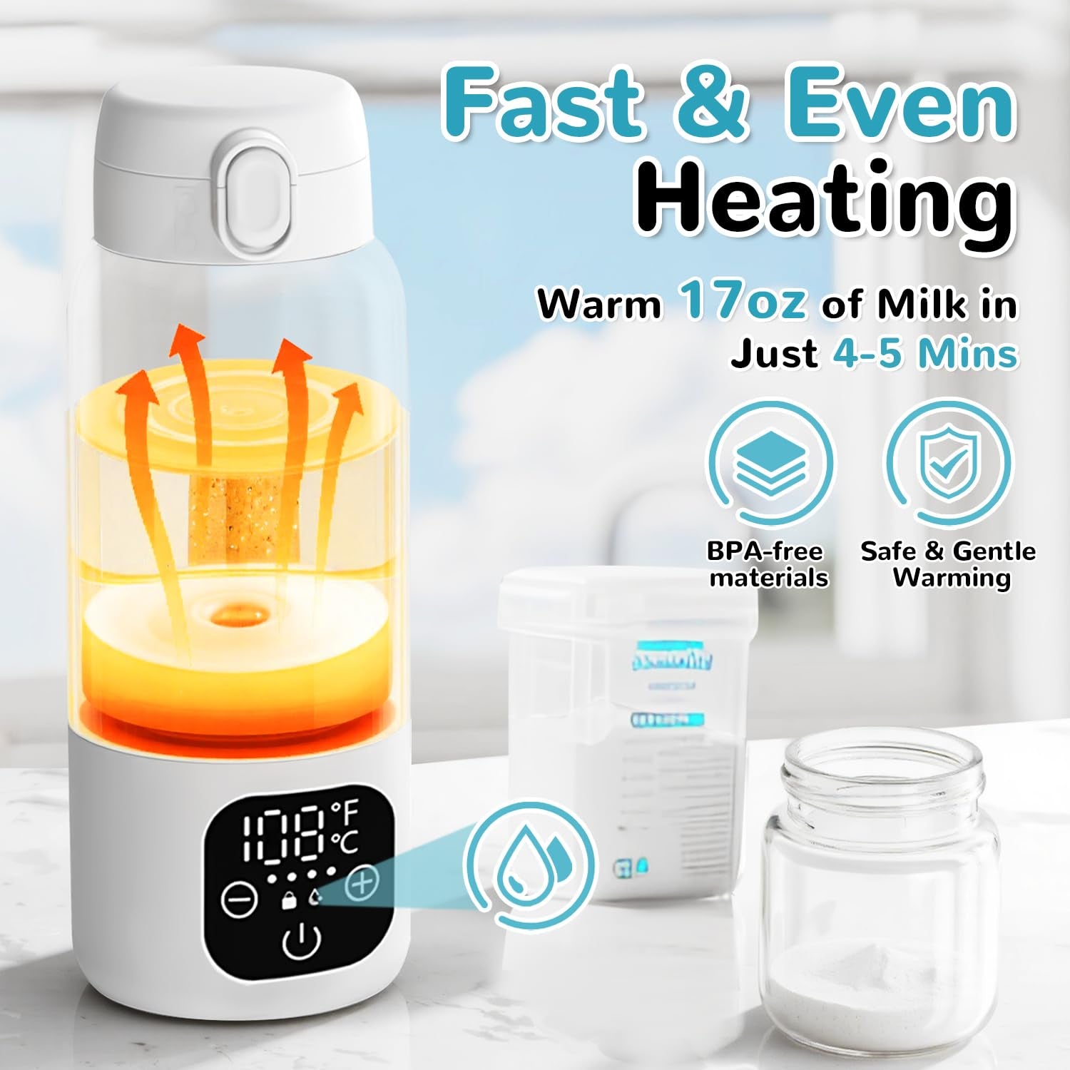 Portable Milk Warmer for Travel,Formula Container to Go 17Oz Baby Bottle Warmer with 11000Mah Long Battery Fast Heating,Cordless Milk Warmer for on the Go for Breast Milk and Formula, Baby Milk Warmer