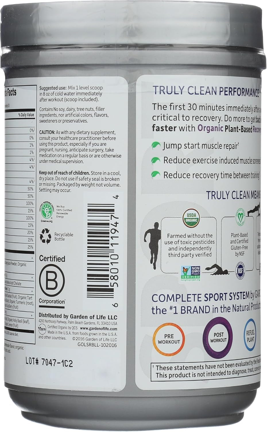 Sport Organic Plant-Based Recovery Powder â€“ Muscle Recovery Supplement for Women & Men with Vitamins and Magnesium, Non-Gmo, Gluten-Free, Blackberry Lemonade Flavor, 30 Servings
