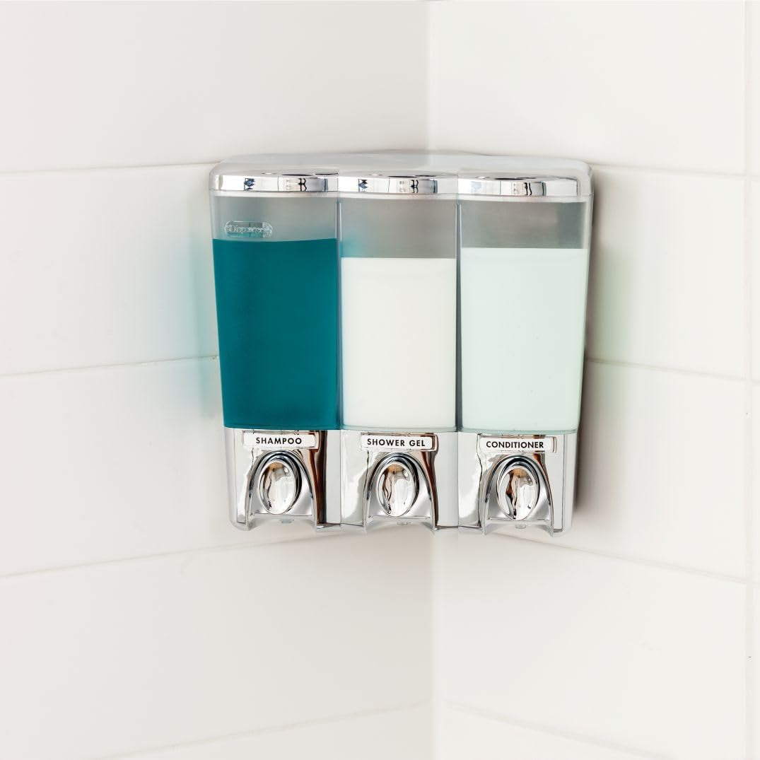 Clear Choice Shower Dispenser 3 Chamber, Wall Mount Shower Soap Pump Dispenser for Bathroom Hotel Body Wash, No Drill Adhesive, Waterproof Dispenser, 3 X 14.2 Oz, Chrome