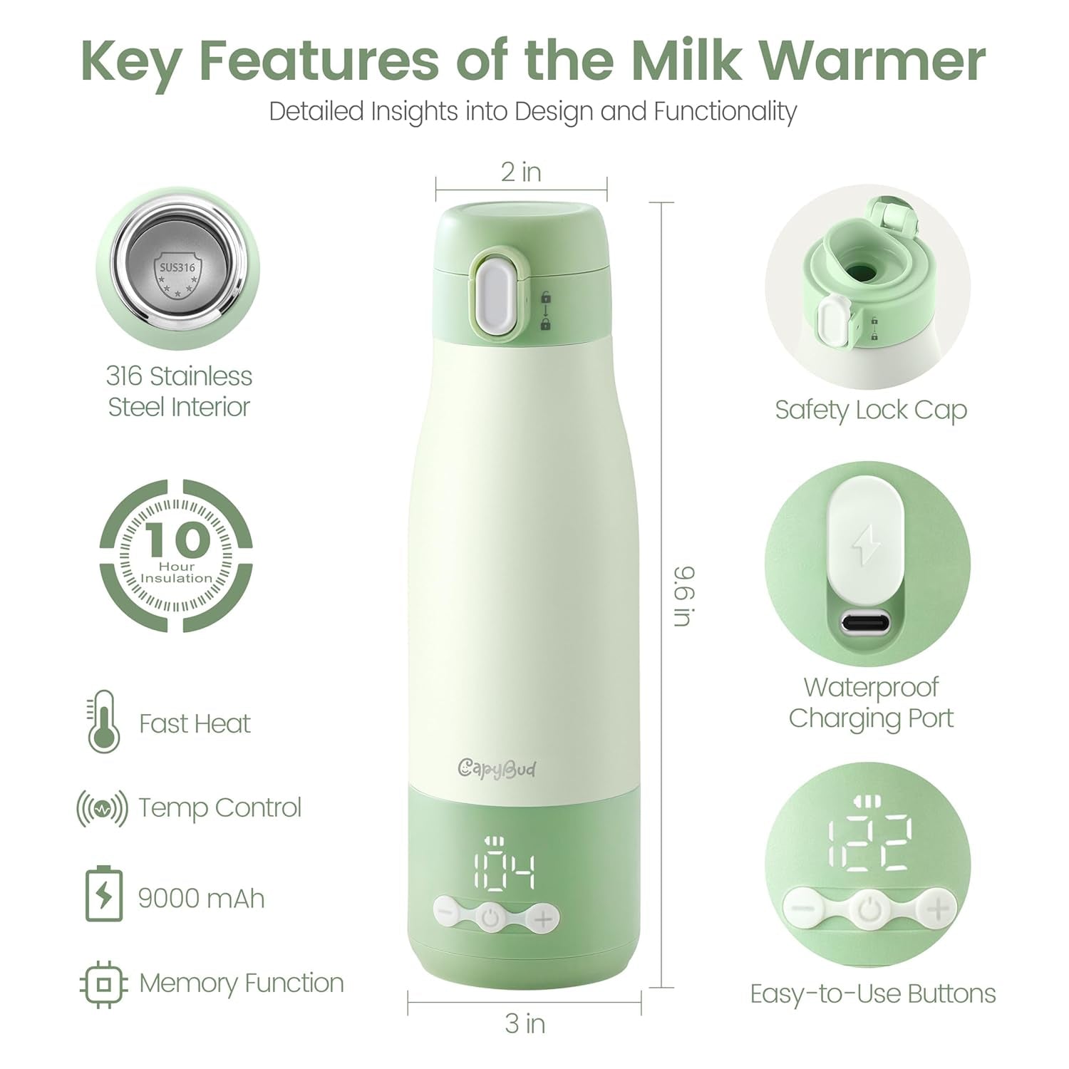 Portable Bottle Warmer for Travel, 3Min Fast Heating Bottle Warmer for Breastmilk & Water, 12 Oz Milk Warmer with Precise Temp Control and 9000Mah Long-Lasting Battery for Travel, Car, Outdoor