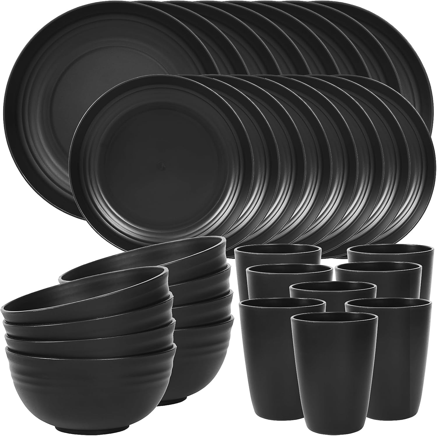 32 Piece Plates and Bowls Sets for 8, Unbreakable Dinnerware Sets, Dish Set for Camping, Dishwasher Microwave Safe, Outdoor Kitchen and Apartment Dinning RV Essentials, Black