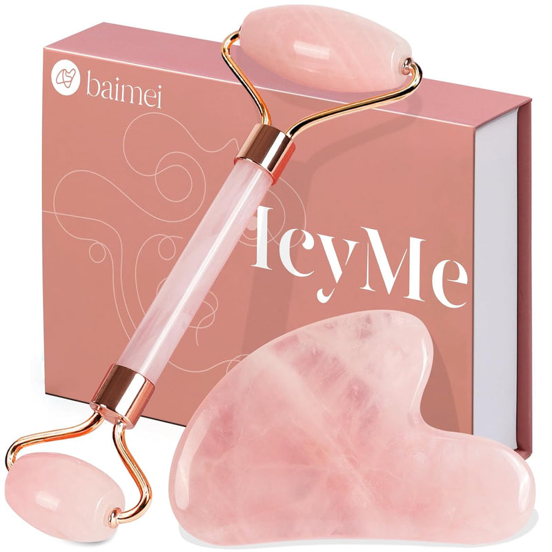 Icyme Rose Quartz Roller & Gua Sha Set, Cooling Face Roller for Depuffing & Lymphatic Massage, Sculpting Tool for Face, Eyes & Neck, Smooth Skincare Gift for Women and Men