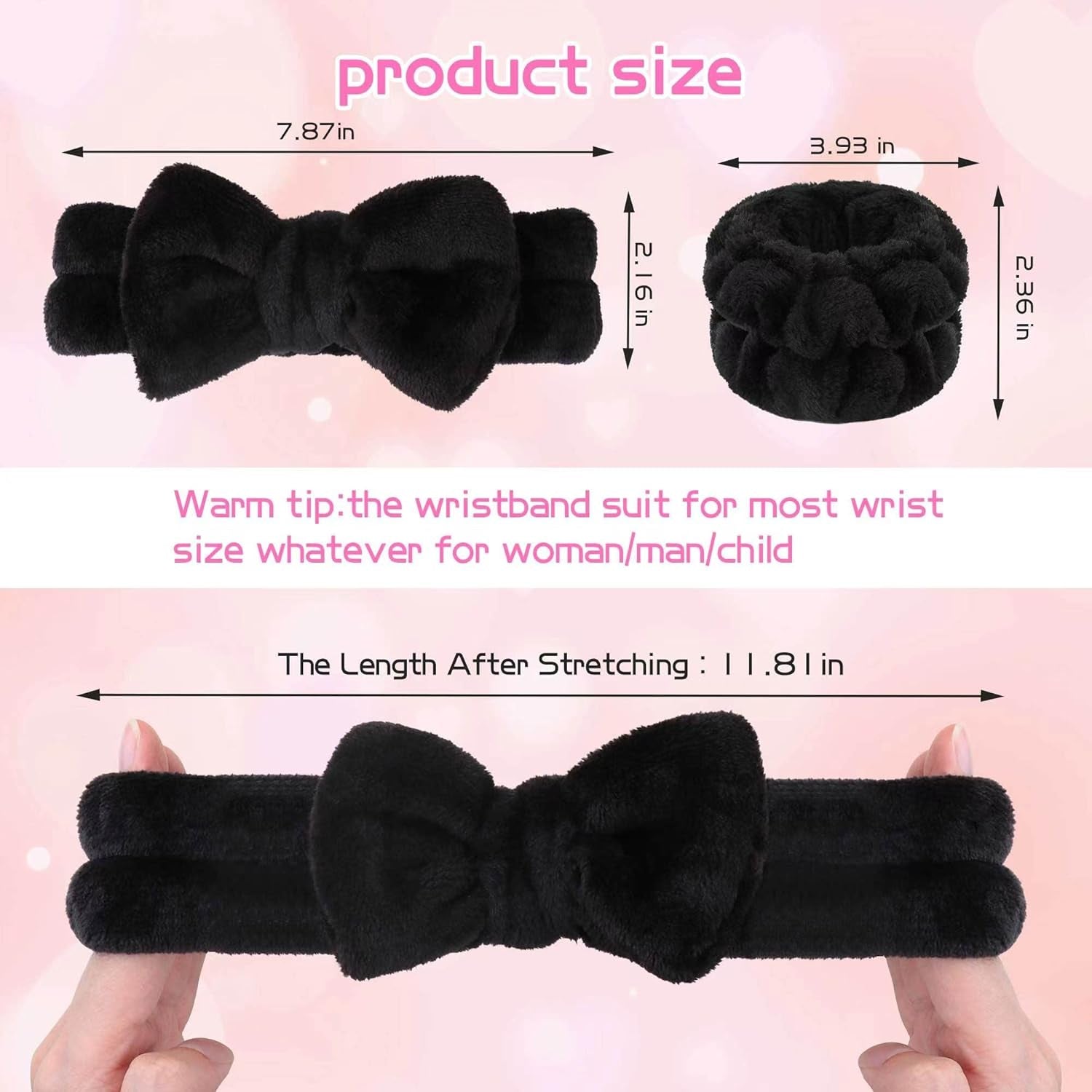 Makeup Headbands, 1Pcs Black Spa Headband Fluffy Bow Tie Headband Microfiber Face, and 2Pcs Wrist Spa Wash Band Absorbent Wristbands, for Washing Face Skin Care