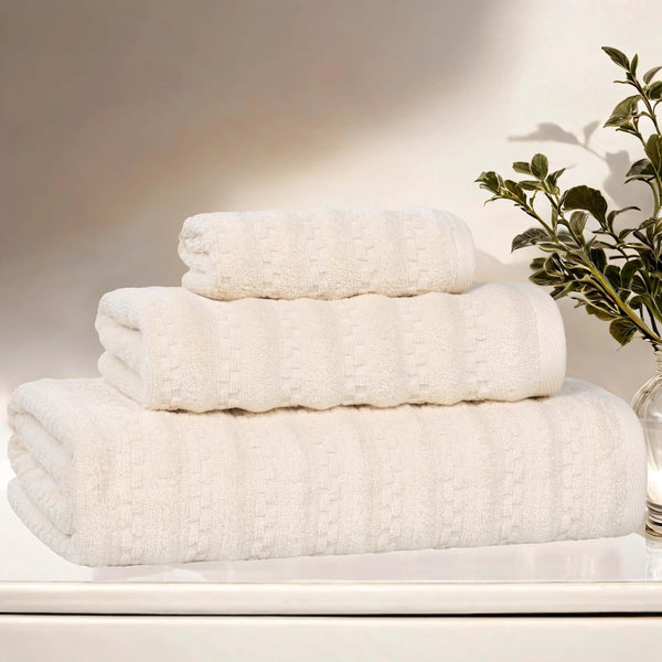 Zuma Zero Twist Cotton Medium Weight Towels, for Guest Bath, Bathroom, Shower, Spa, Plush Towels, Bath Essentials, Waffle Textured Stripes, 3 Piece Assorted Towel Set, Ivory