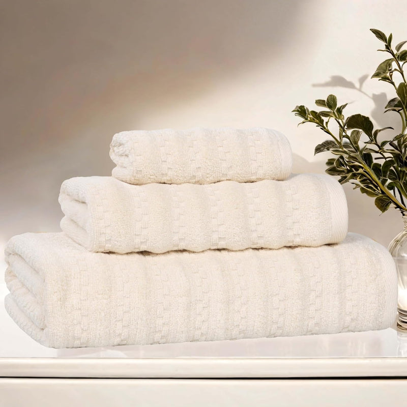 Zuma Zero Twist Cotton Medium Weight Towels, for Guest Bath, Bathroom, Shower, Spa, Plush Towels, Bath Essentials, Waffle Textured Stripes, 3 Piece Assorted Towel Set, Ivory