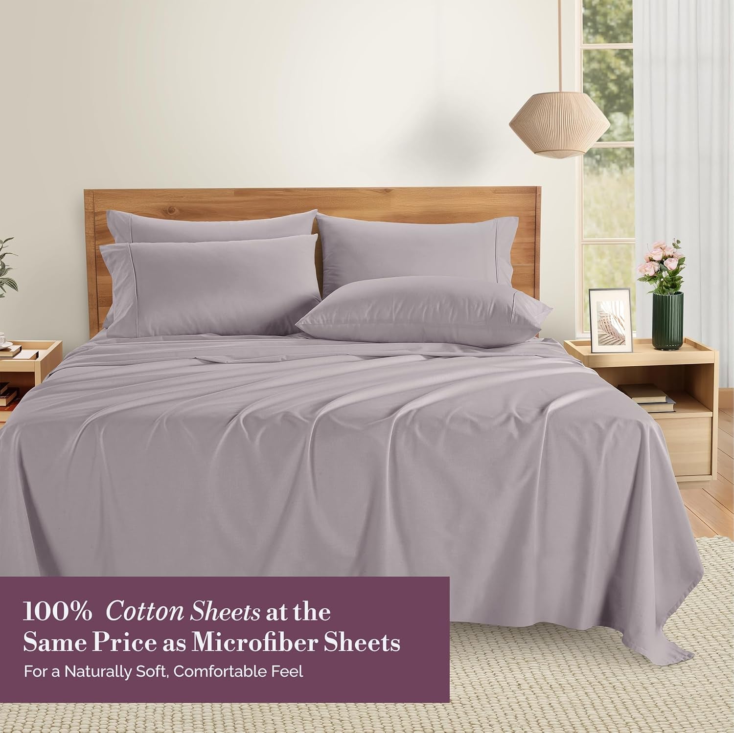100% Cotton Queen Size Sheets â€“ Crisp Percale Sheets Queen with 4 Pillowcases, with 15" Deep Pocket Sheet for Secure Fit, Ultra Soft & Cozy, Excellent Quality & Fit â€“ Grey Lavender