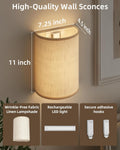 Battery Operated Wall Sconce, Rechargeable Wall Sconces Set of Two with Remote, 3 Color & 80 RGB Wireless Wall Mount Light, Dimmable, Timer, Peel and Stick, Fabric Linen Wall Lights for Bedroom