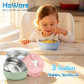 Baby Bowls with Suction, Stainless Steel Toddler Bowl with Removable Silicone Sleeve, Non-Slip Child Food Bowl with Silicone Suction, Unbreakable Kids Bowls for Feeding, Blue+Green+Grey, 3 Pack