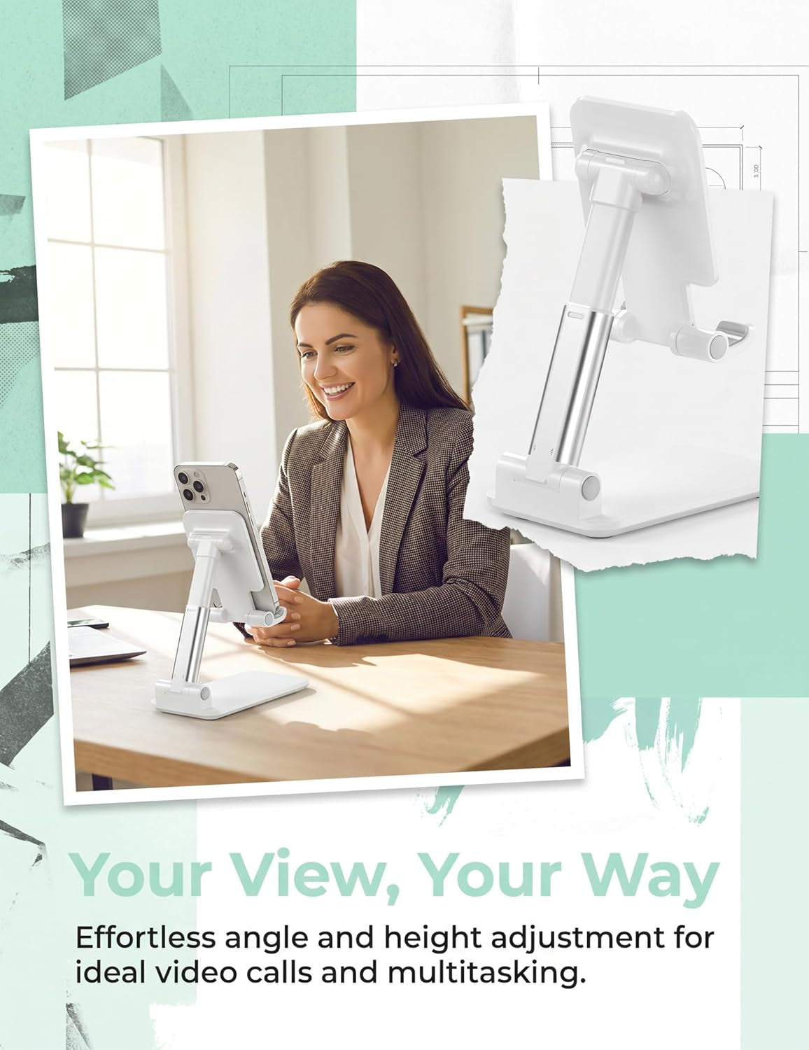 Phone Stand, Phone Holder for Desk Anti-Slip Cute Office Accessories Forldable Cell Phone Holder Compatible with Iphones, All Mobile Phones, White-Silver, Pro