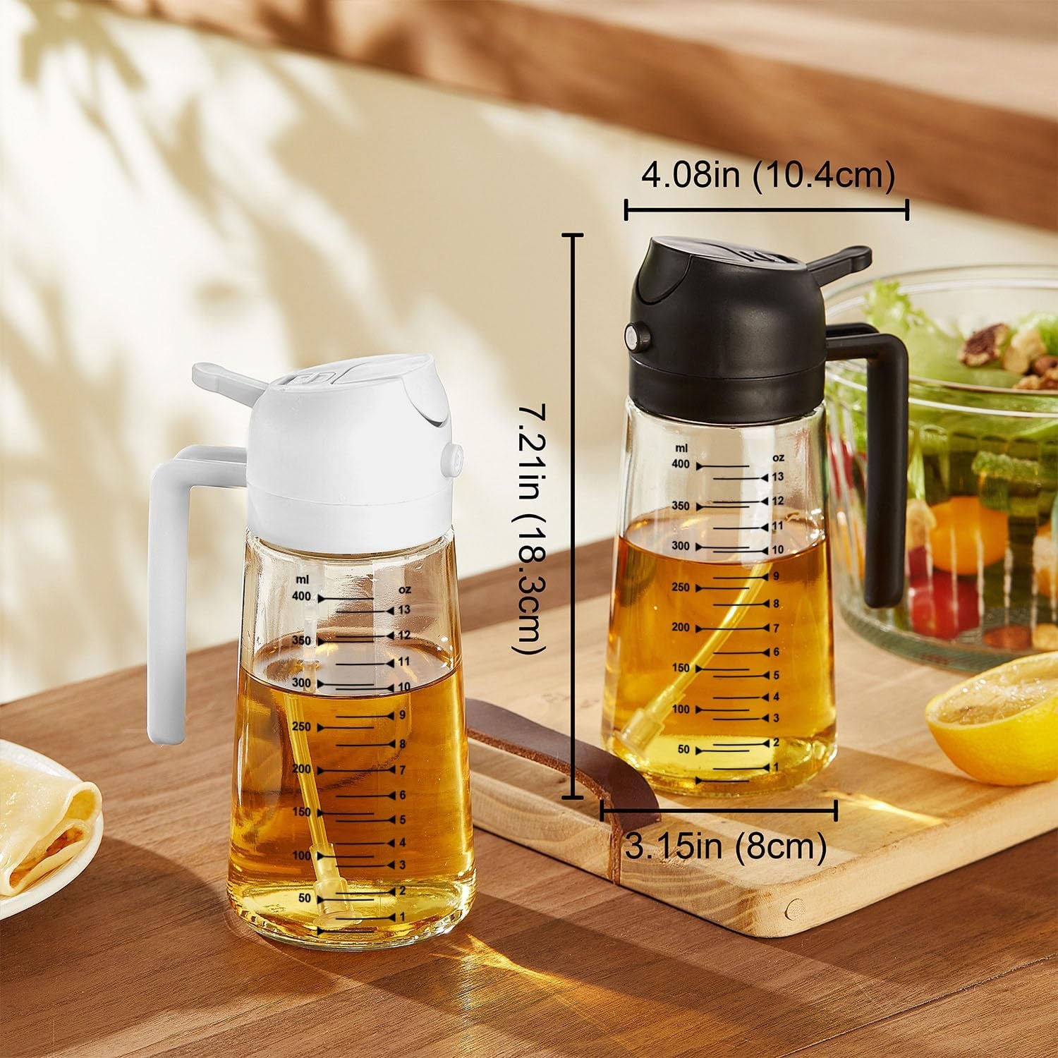 16Oz/470Ml Glass Olive Oil Sprayer for Cooking – 2 in 1 Olive Oil Dispenser Bottle for Kitchen Gadgets and Air Fryer Accessories, Salad, BBQ - Black