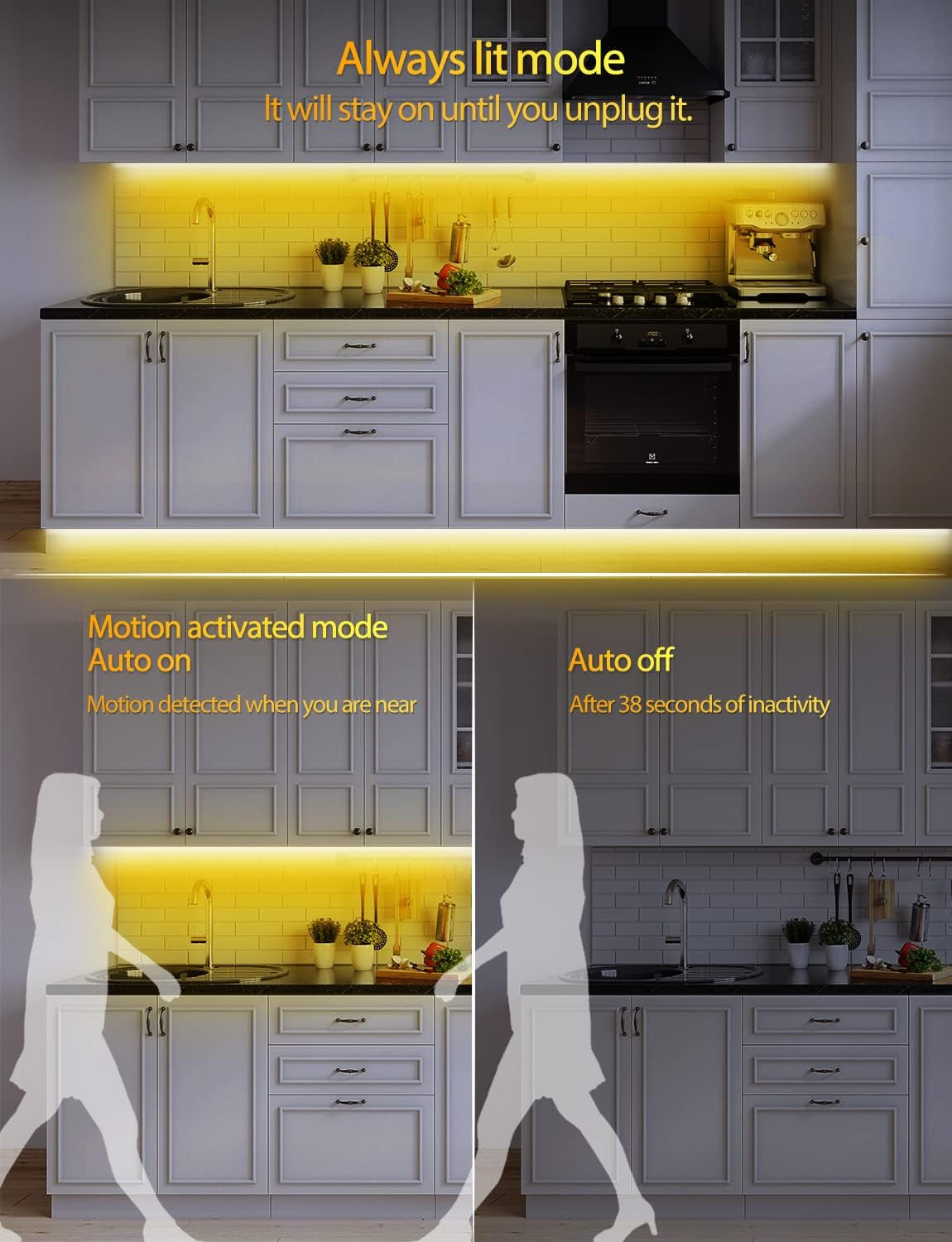 Motion Sensor LED Strip Lights, 9.8Ft under Bed Lights Motion Activated LED Bedside Lamp Illumination with Automatic Shut off Timer Indoor Night Light Closet Lights (Warm White) NO APP
