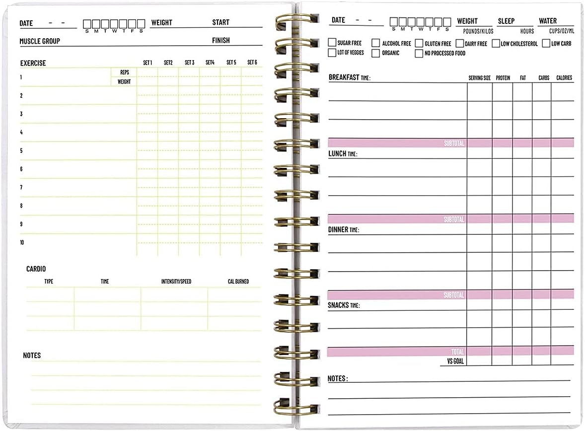 Food and Fitness Meal Workout Journal Diary Wellness Log Notebook Planner Weight Loss Diet Exercise Training Health Tracker 6.1X 8.5 Inch Hard Cover