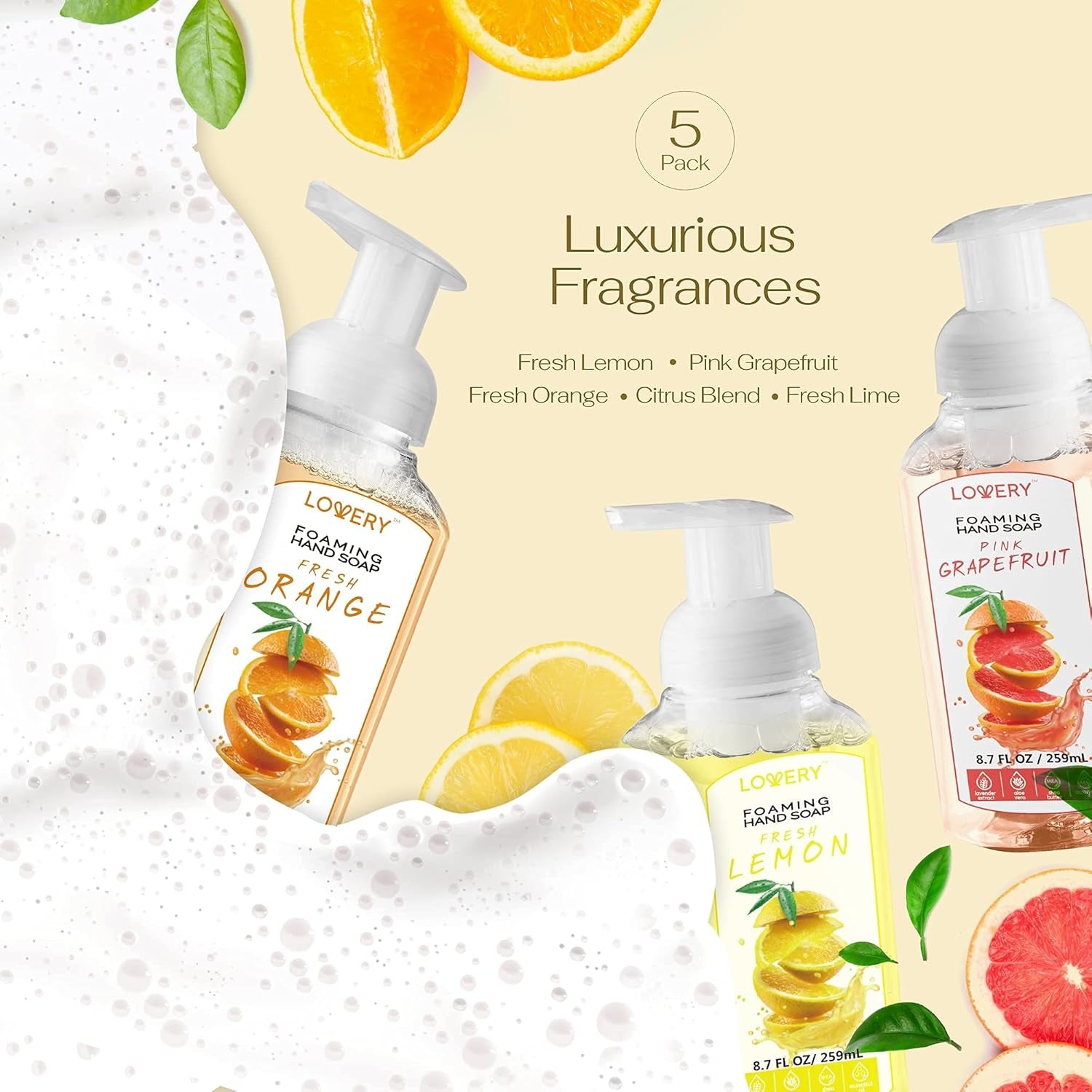 Foaming Hand Soap Pump - 5-PK - Moisturizing Hand Soap Foam with Aloe Vera & Essential Oils - Alcohol-Free Hand Wash in Citrus Blend, Lemon, Orange, Lime, Grapefruit Fragrances for Kitchen & Bathroom