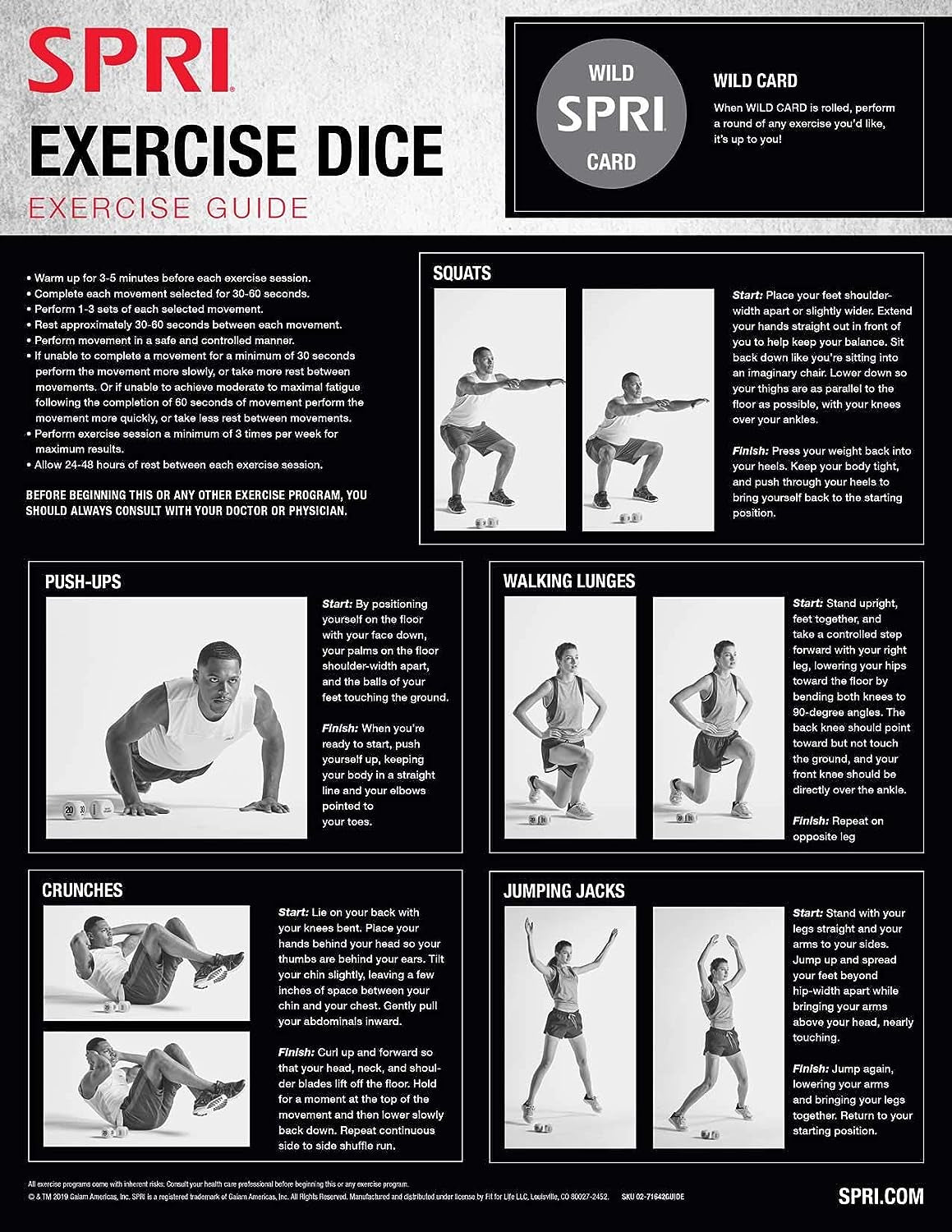 Exercise Dice (6-Sided) - Game for Group Fitness & Exercise Classes - Includes Push Ups, Squats, Lunges, Jumping Jacks, Crunches & Wildcard (Includes Carrying Bag)