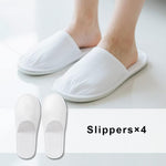 48Pcs Disposable Travel Set: Bed Sheet*2 Duvet Cover*2 Pillow Case*4 Bath Towels*4 Shower Caps*4 Plastic Bathtub Bag*5 Toilet Seat Covers*4 Compression Face Towel*15 Toothbrushes*4 Slippers*4
