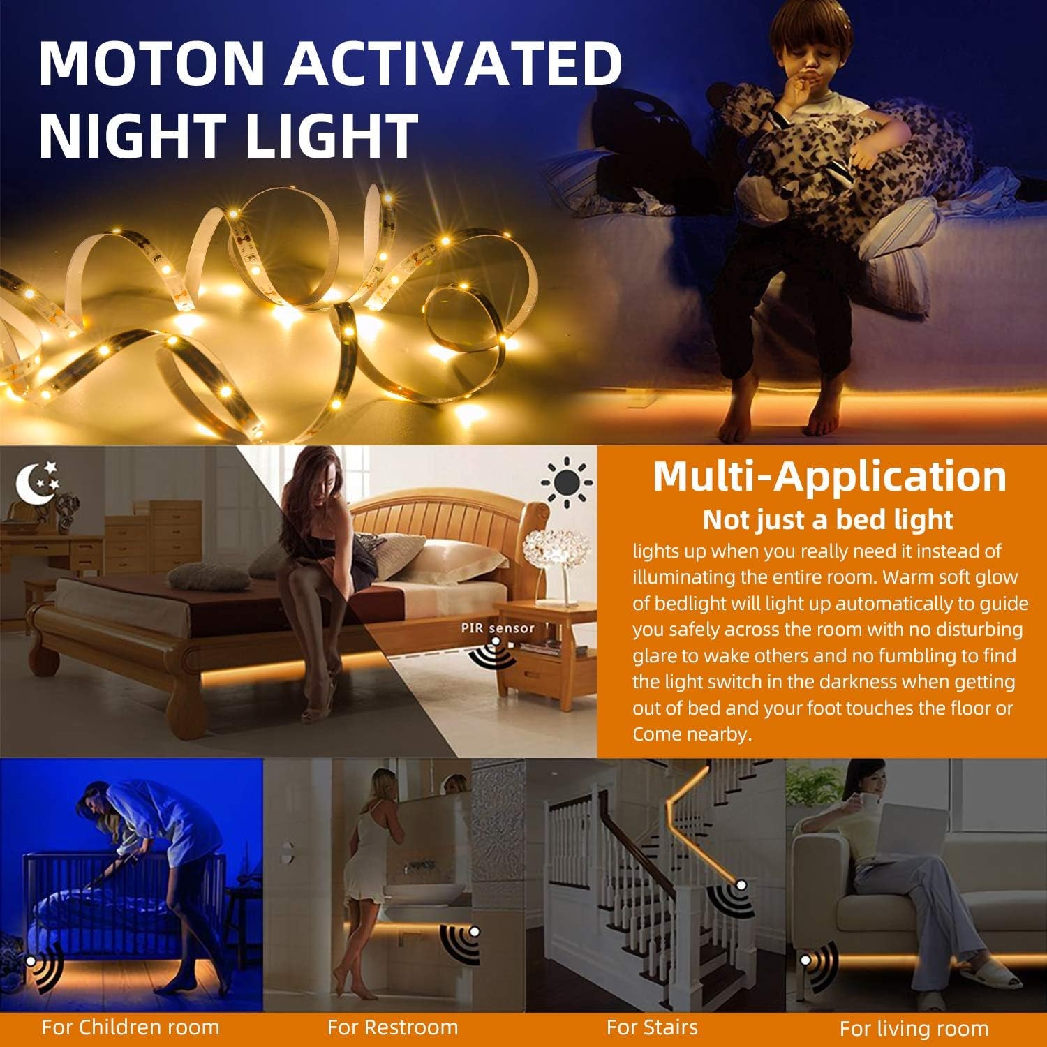 Motion Sensor LED Light Strip, 2PCS 9.8Ft Motion Sensor Light Indoor with Automatic Shut-Off Timer, Motion Activated Bed Lights under Cabinet Lighting Kit for Bedroom Home Hallway-Warm White