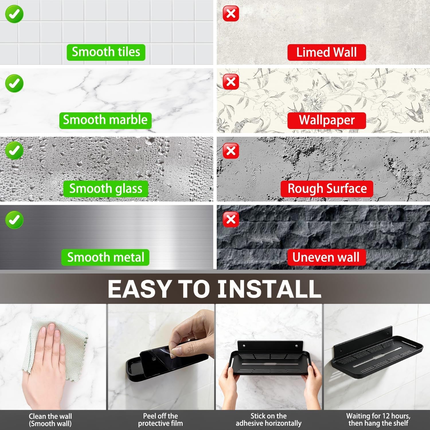 Adhesive Floating Shelves No Drill Floating Shelf for Wall Storage Damage-Free Wall Mounted Organizer for Bathroom, Kitchen, Bedroom & Office (Black, 2 PCS)