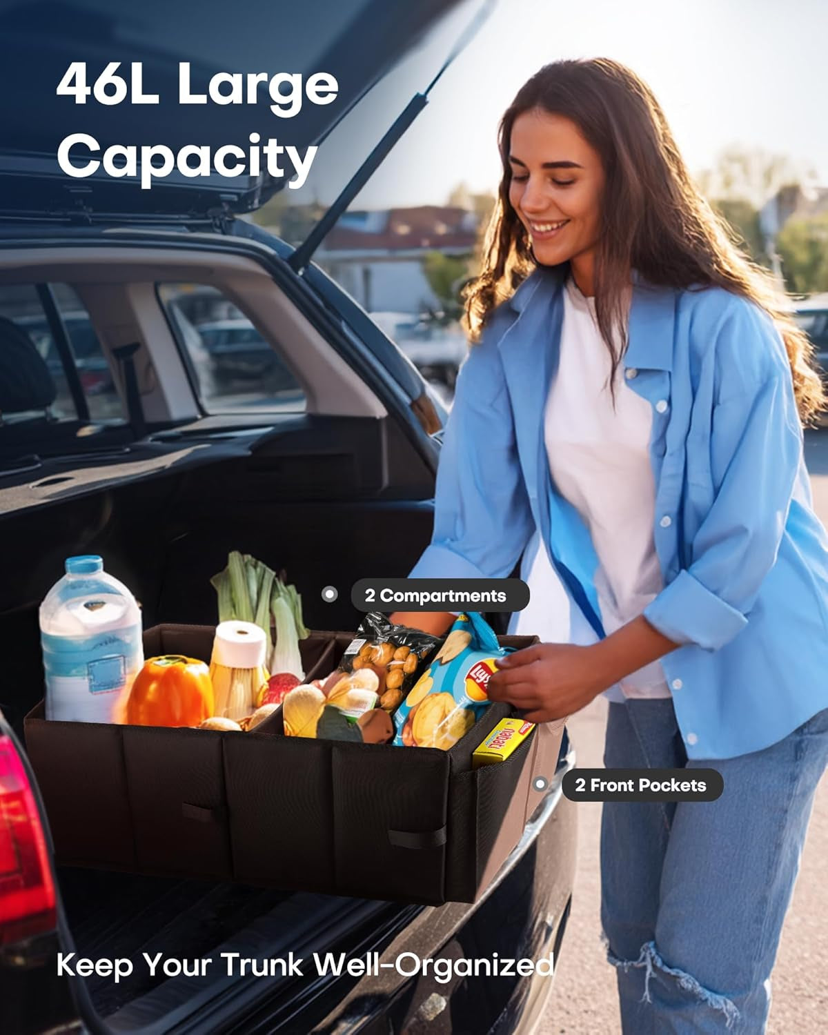 Trunk Organizer - Car Organizer, Foldable Trunk Organizer for Suvs & Sedans, Sturdy Car Organization for Car Accessories, Tools, Sundries, Black, 2 Compartments, 21.3"Ã—12.6"Ã—10.6"