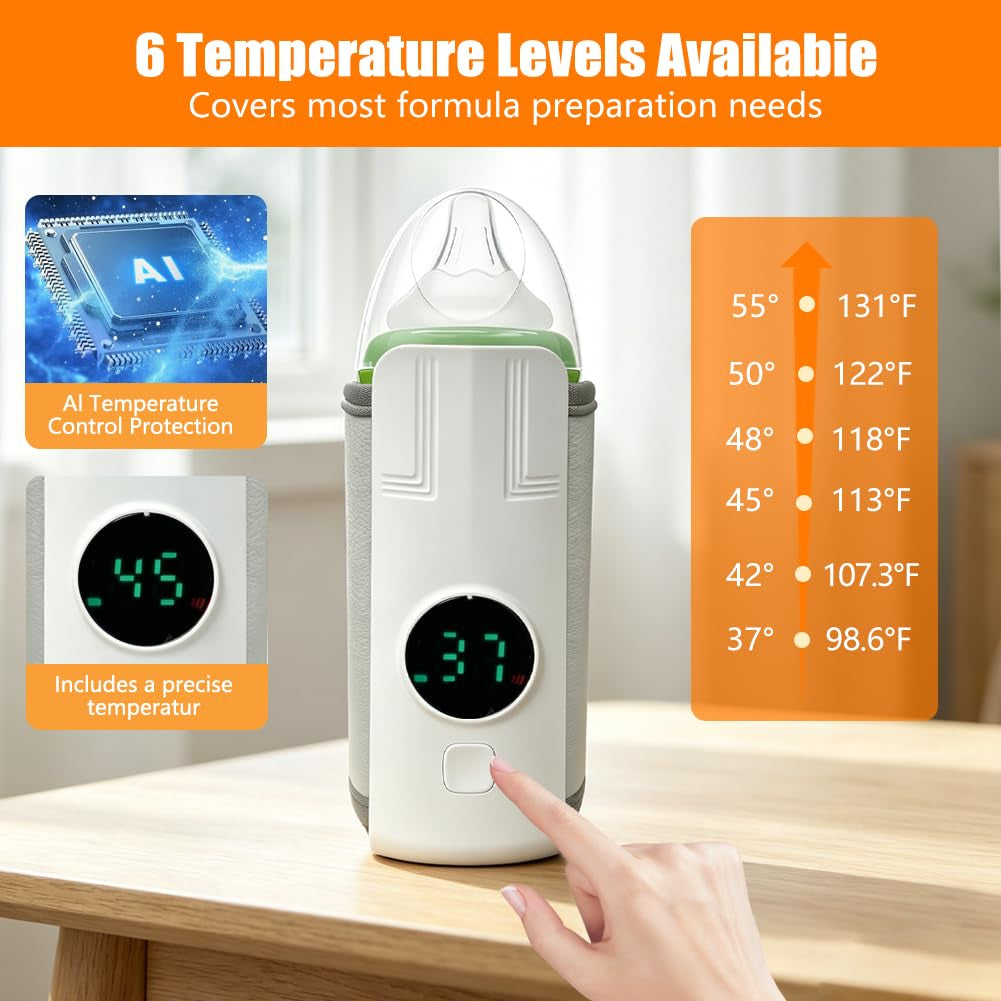 2026 Upgraded Milk Warmer for Travel, on the Go Baby Bottle Warmer, Waterless Bottle Warmering with Battery-Powered, 6 Temp Settings Fast Heating & Precise Temperature Control with LCD Display