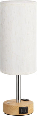 Touch Bedside Table Lamp with Memory - Stepless Dimmable Lamp for Bedroom, Small Nightstand Lamp with Dual USB Charging Ports and AC Outlet, Wood Night Light, Desk Lamp for Nursery, Living Room, Dorm