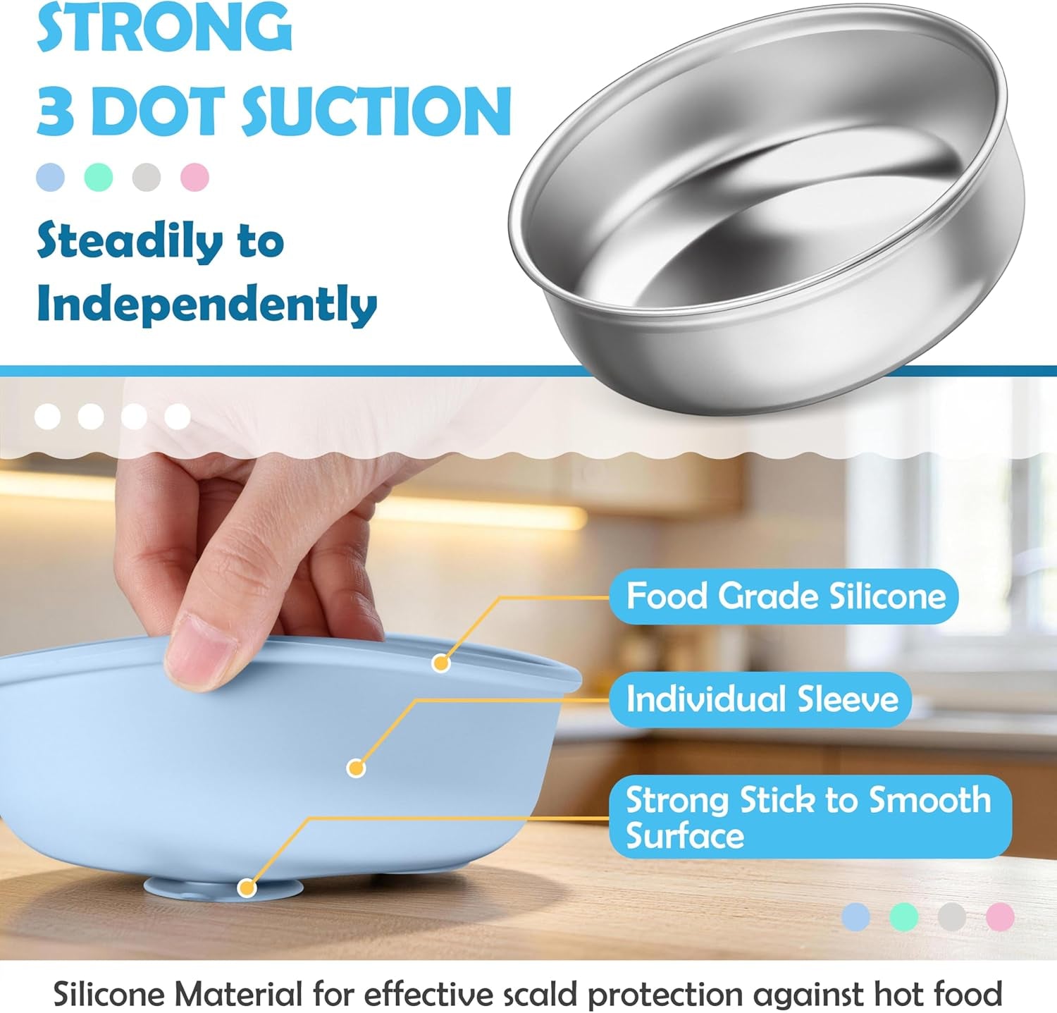 Baby Bowls with Suction, Stainless Steel Toddler Bowl with Removable Silicone Sleeve, Non-Slip Child Food Bowl with Silicone Suction, Unbreakable Kids Bowls for Feeding, Blue+Green+Grey, 3 Pack