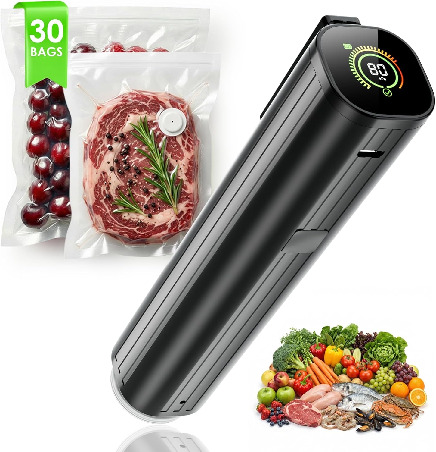 Vacuum Sealer, Portable Handheld Vacuum Sealer + 30 Reusable Vacuum Bags, Portable Food Sealer, with LED Pressure Display, 2-Speed Pressure Control (60/80 Kpa)