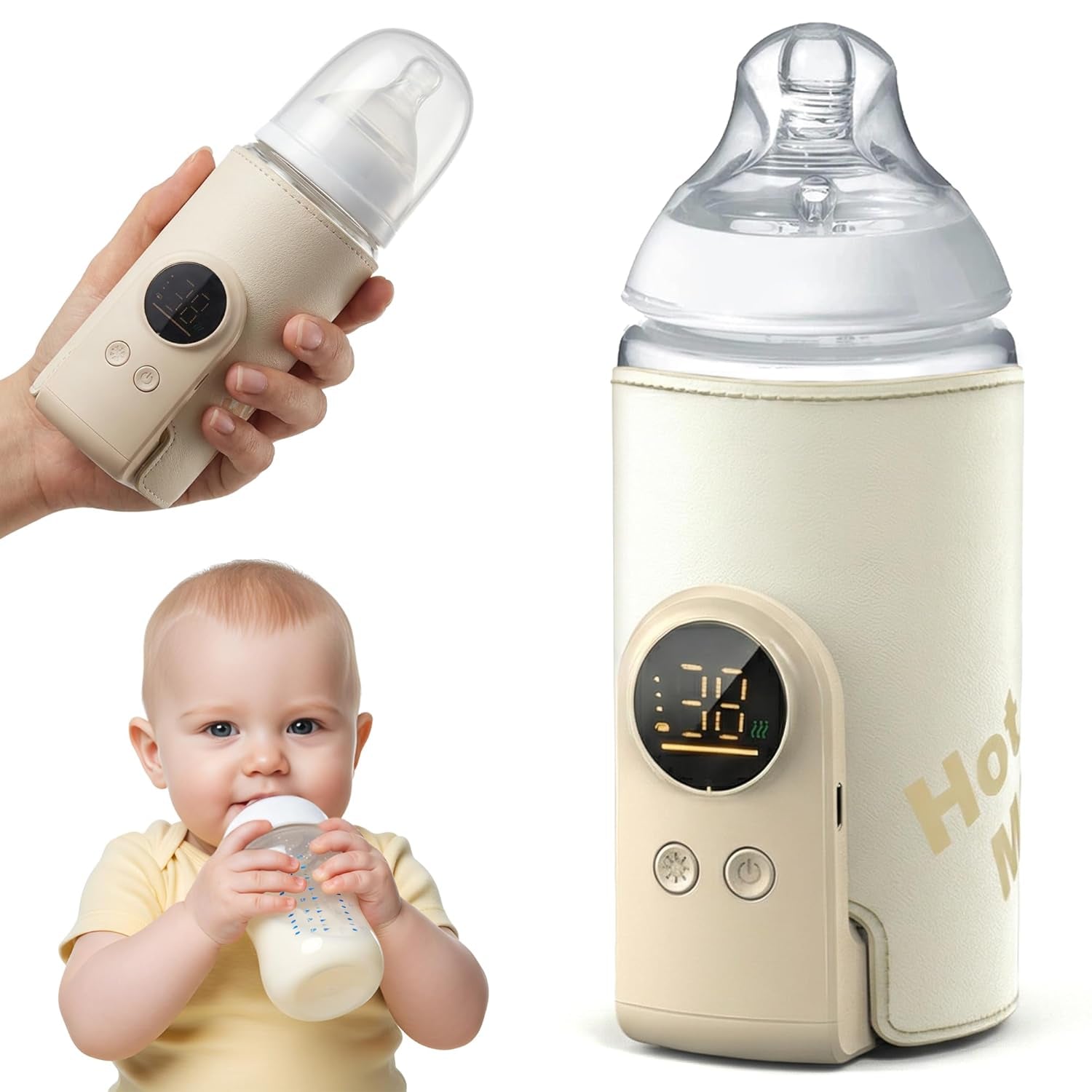 Portable Bottle Warmer for Travel - Car Waterless Bottle Warmer for Breastmilk & Formula Milk - Rechargeable Battery Powered Fast Heating with Temperature Control for on the Go Baby Feeding