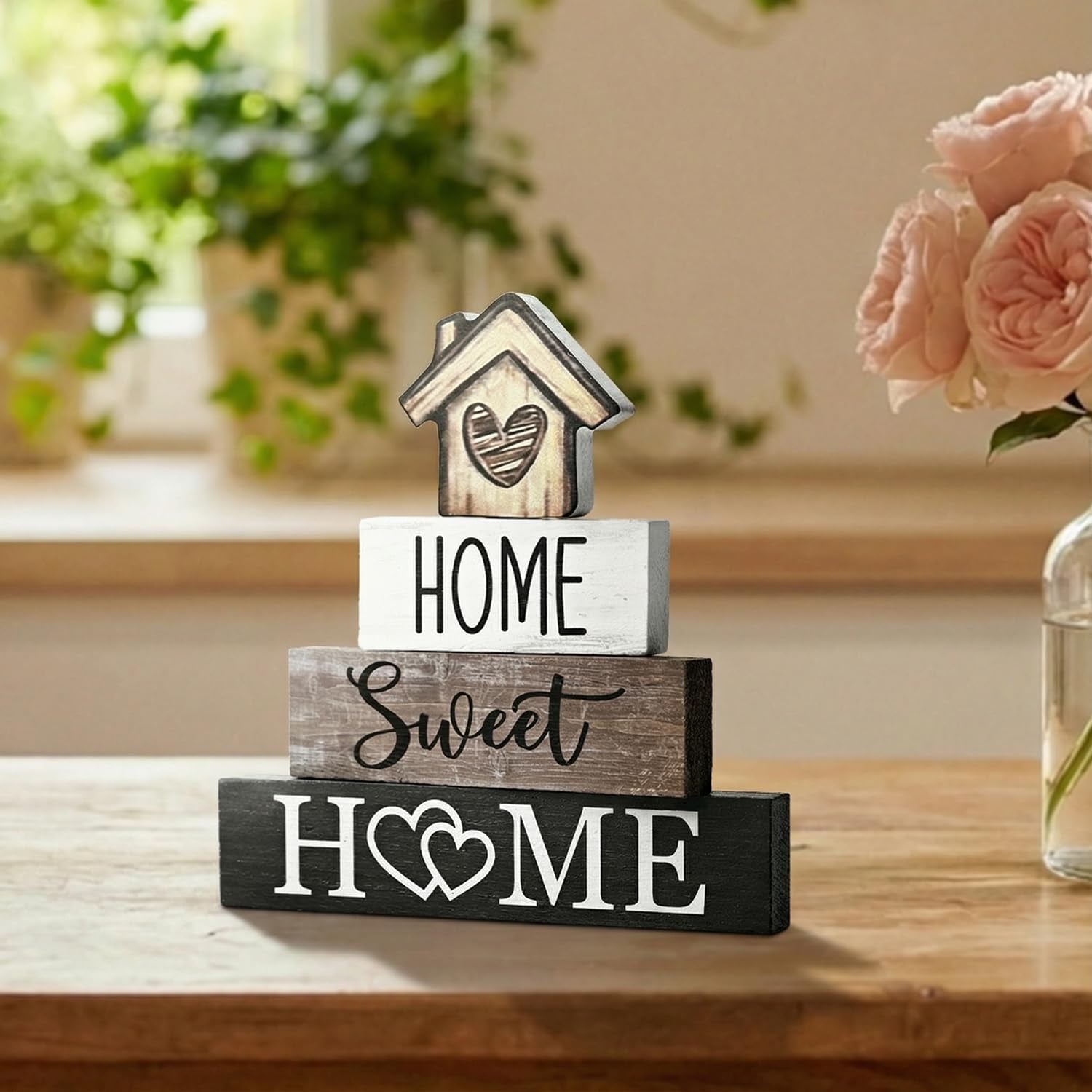 Smile 4 Pcs Farmhouse Wooden Tabletop Decor Home Tiered Tray Decoration, Rustic Retro Neutral Wood House-Shaped Block Sign, Centerpiece Suitable for Home Shelves Fireplace Mantels