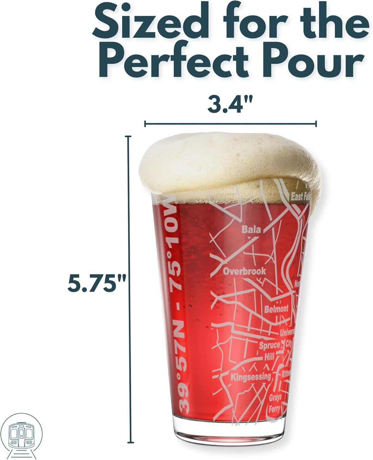 â€“ Philadelphia, PA Map Pint Beer Glasses (Set of 2), 16 Oz â€“ Etched Wrap Design