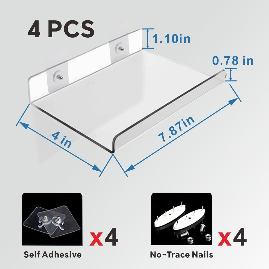 4-Pack Clear Acrylic Floating Shelves with Adhesive & No-Trace Nails - Ultimate No Drill Wall Mounted Display & Storage Organizer for Bathroom, Bedroom, Living Room, Office, 7.87" X 4" (4, U-Shape)